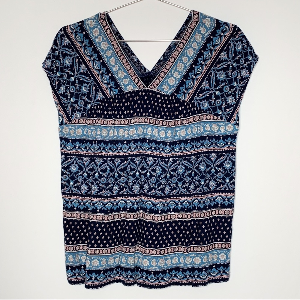 Lucky Brand Boho Floral Print Drop Shoulder Sleeve Pink Blue | Size S
